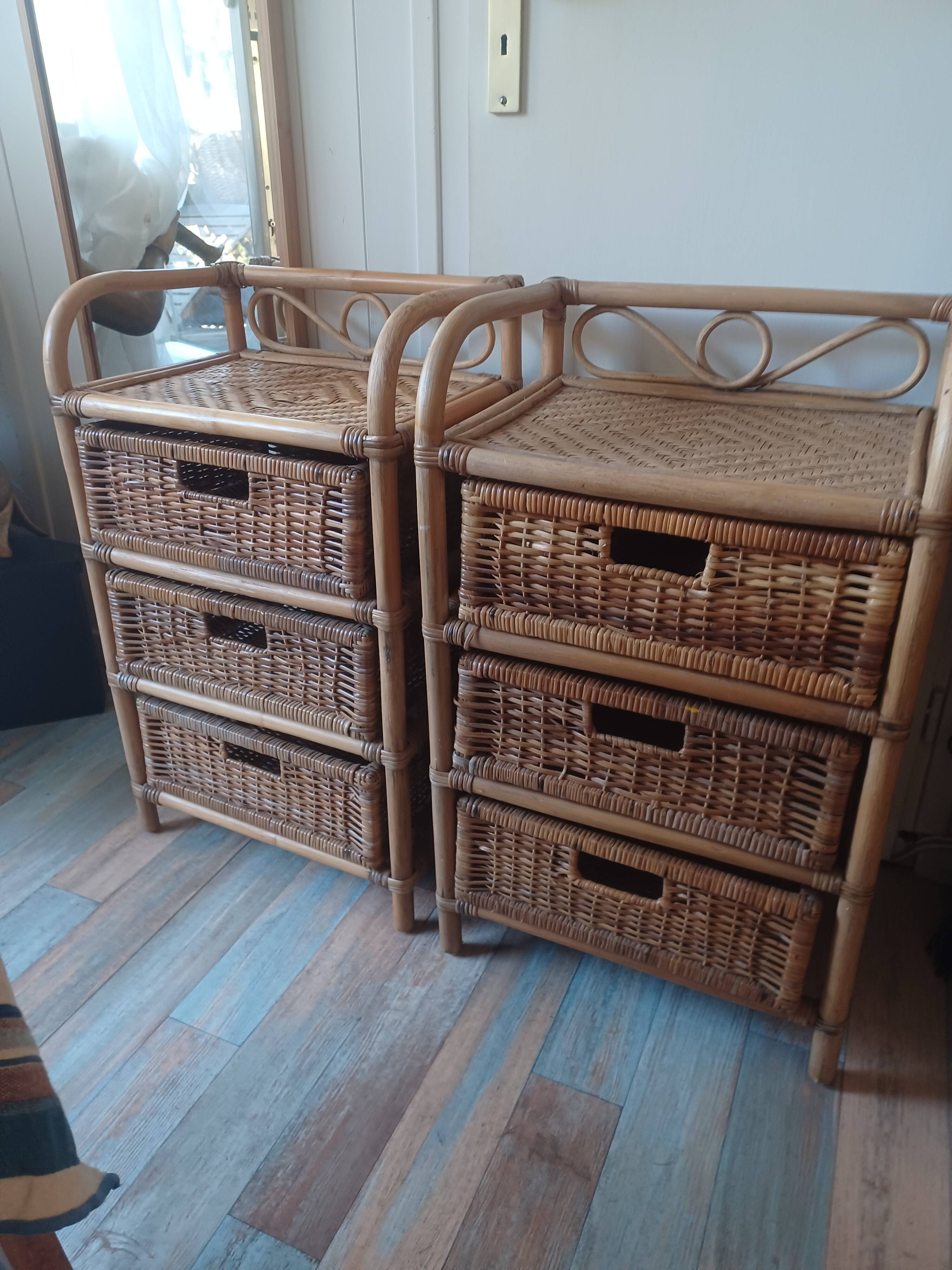 Lot de 2 commodes 3 tiroirs en rotin vintage