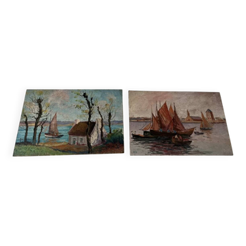 Pair of seascape paintings on Brittany panel