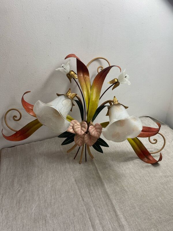 Plafonnier floral en métal et verre, Paterno Franco