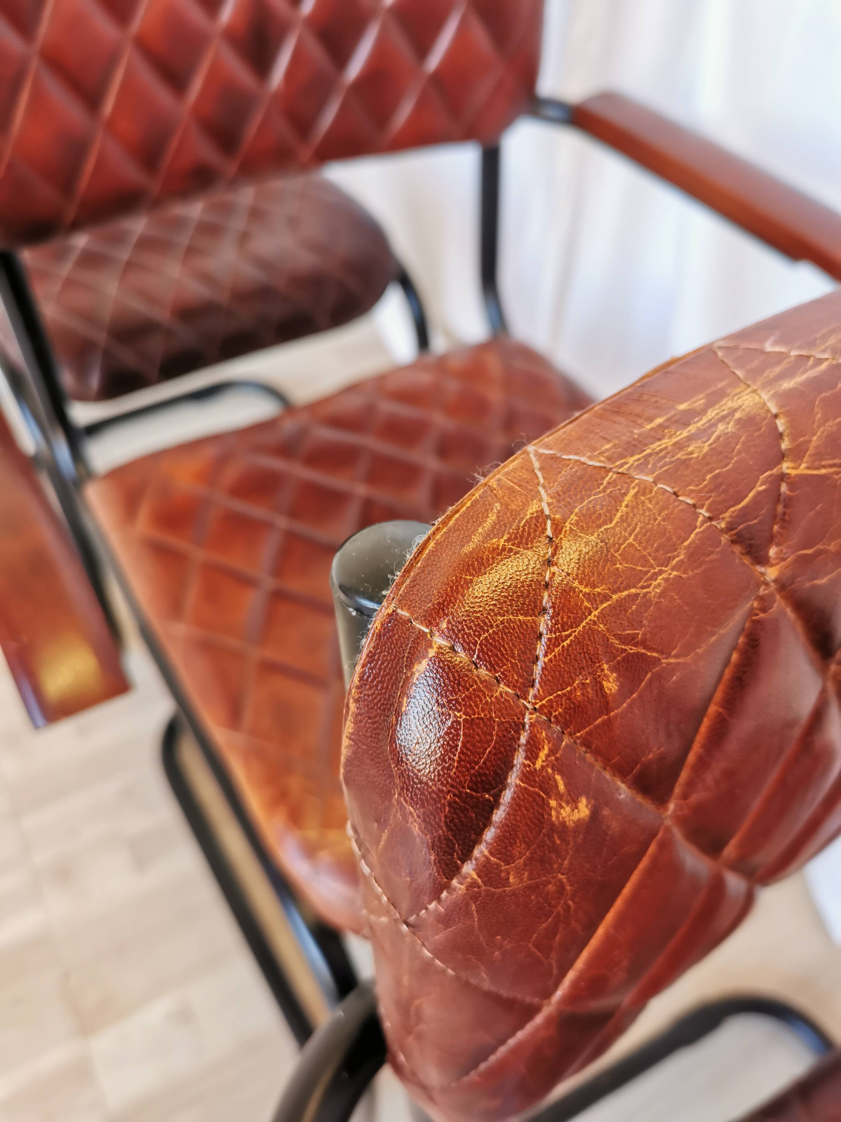 Set of 4 Vintage Quilted Leather Dining Chairs: Black Metal Base