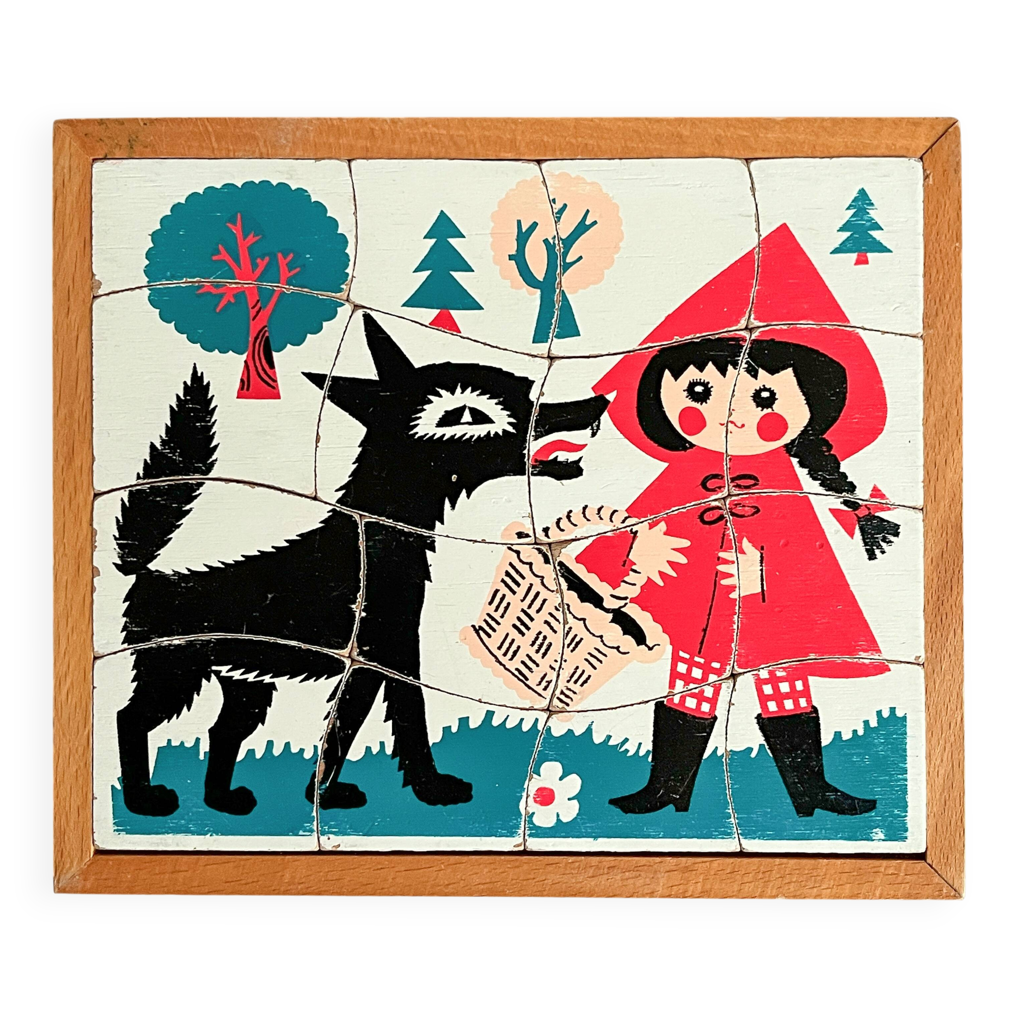 Wooden frame puzzle from the 1940s/50s depicting Little Red Riding Hood.