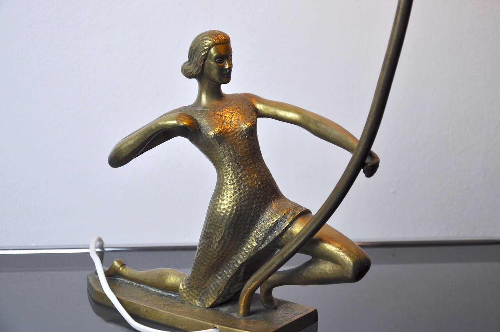 "Woman with the Bow" lamp, Laiton and Opaline, France, midcentury