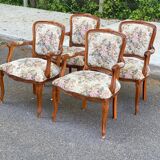 4 Louis XV solid wood armchairs upholstered in beige floral fabric