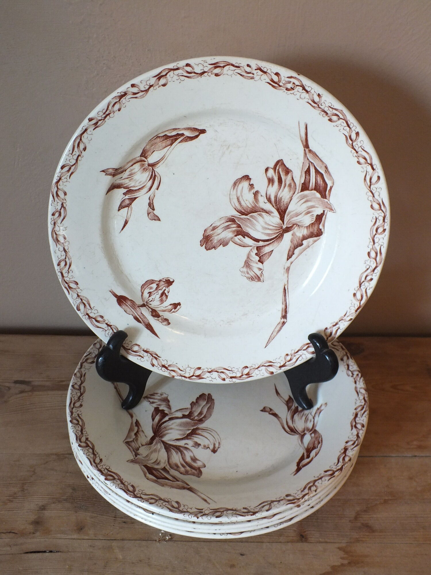6 Dessert plates in Terre de Fer Lunéville (Tulips?)