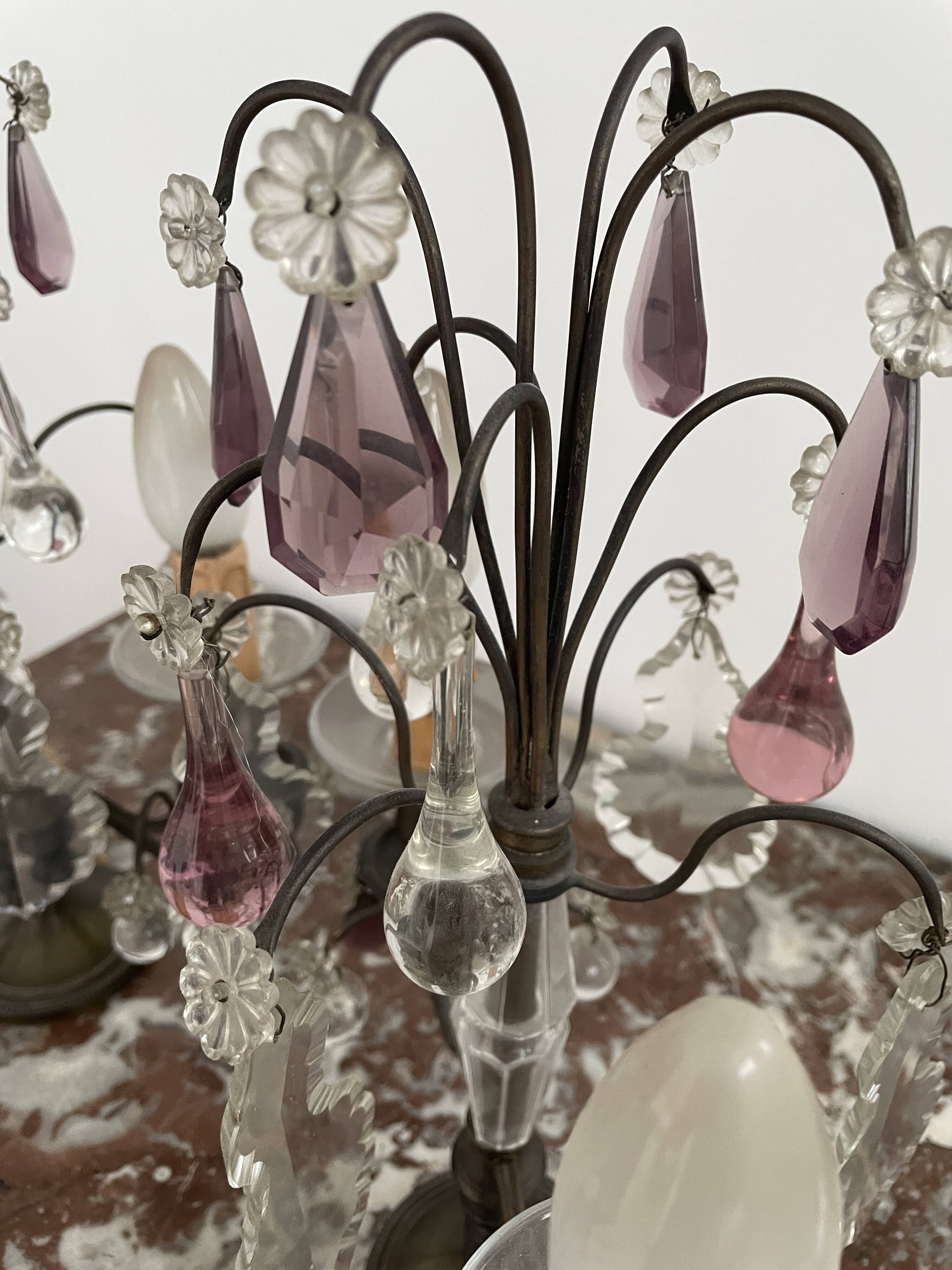 pair of chandeliers, lamp, silver-plated metal, crystal, tassels, florets, pendant, rosettes
