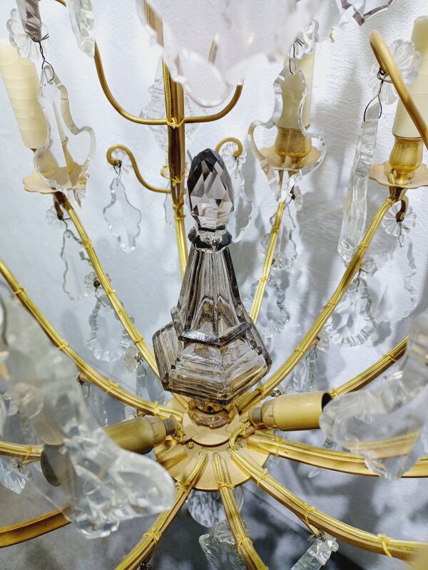 Lustre cage 12 lumières bronze et cristal