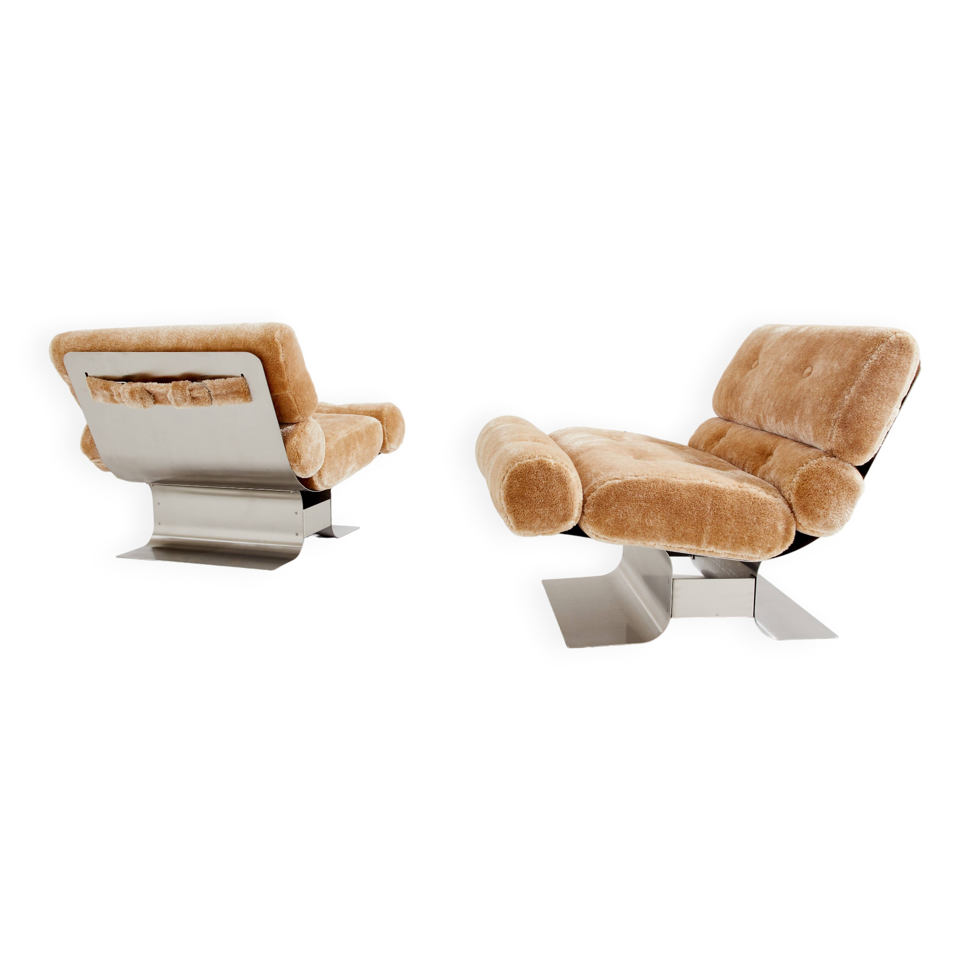 Pair of steel and Mohair velvet armchairs by François Monnet 1970