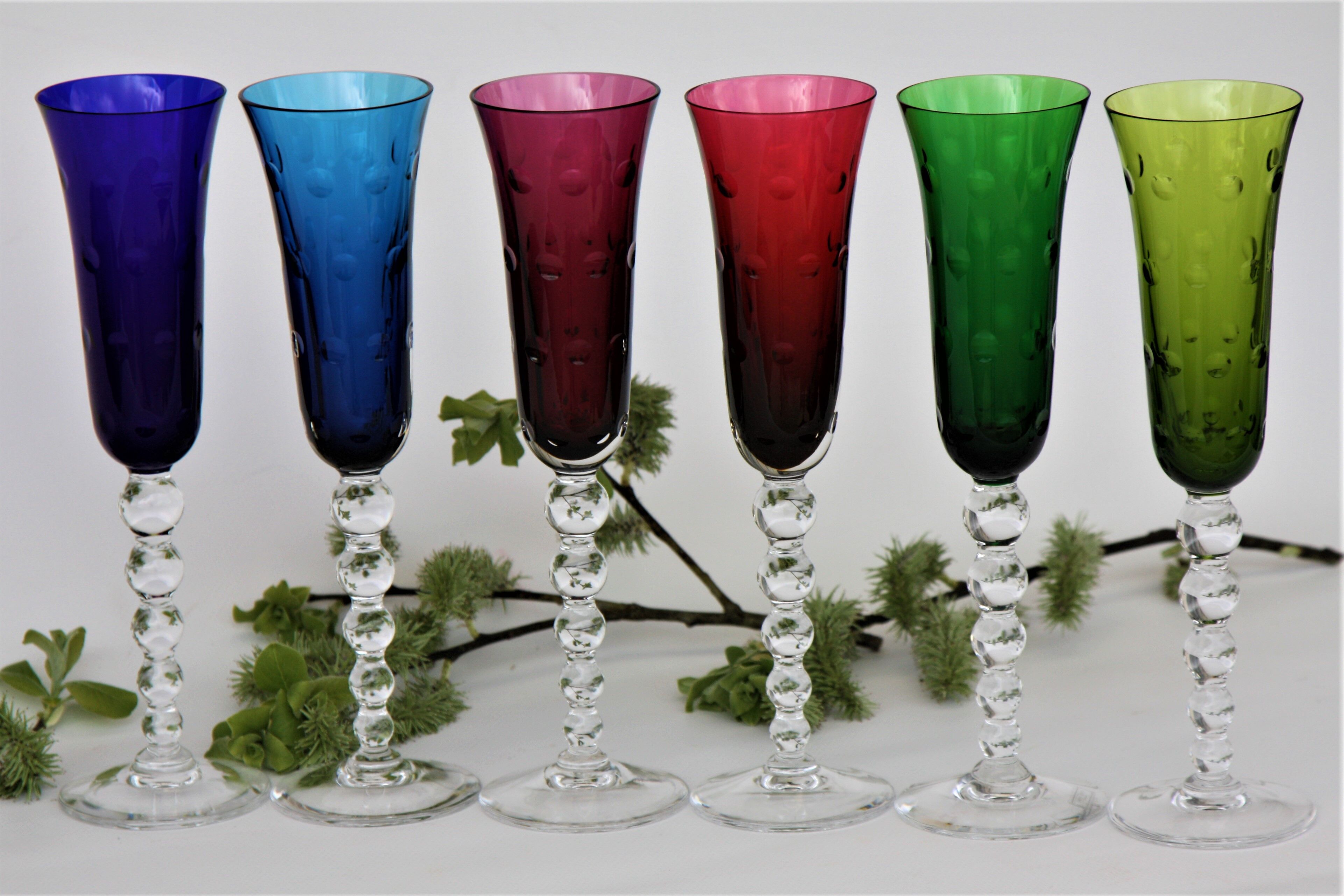 Model Bubbles series of 6 color St Louis Crystal champagne flutes