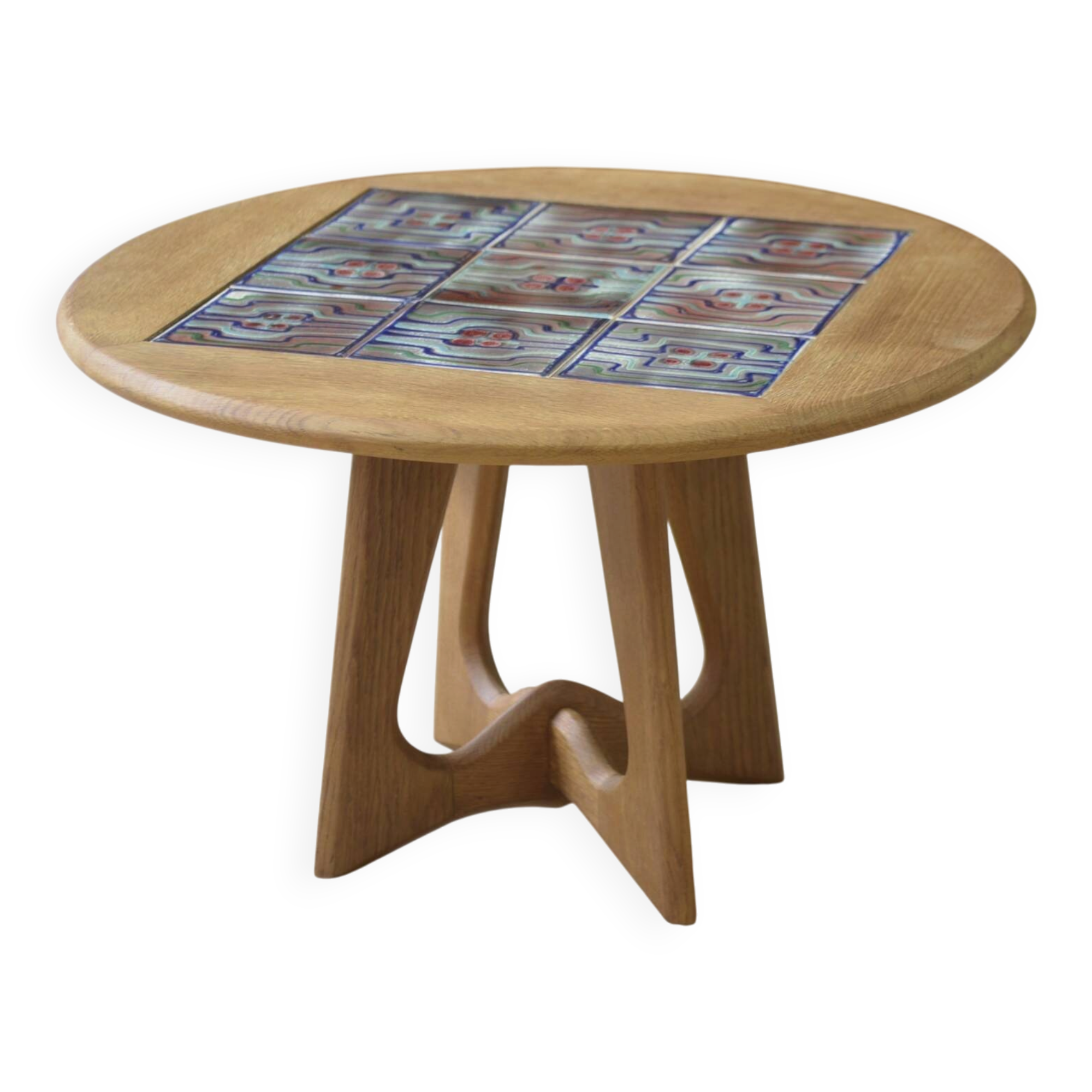 Guéridon/coffee table in oak by Guillerme and Chambron and ceramic by Danikowski for Votre Maison 1950s.