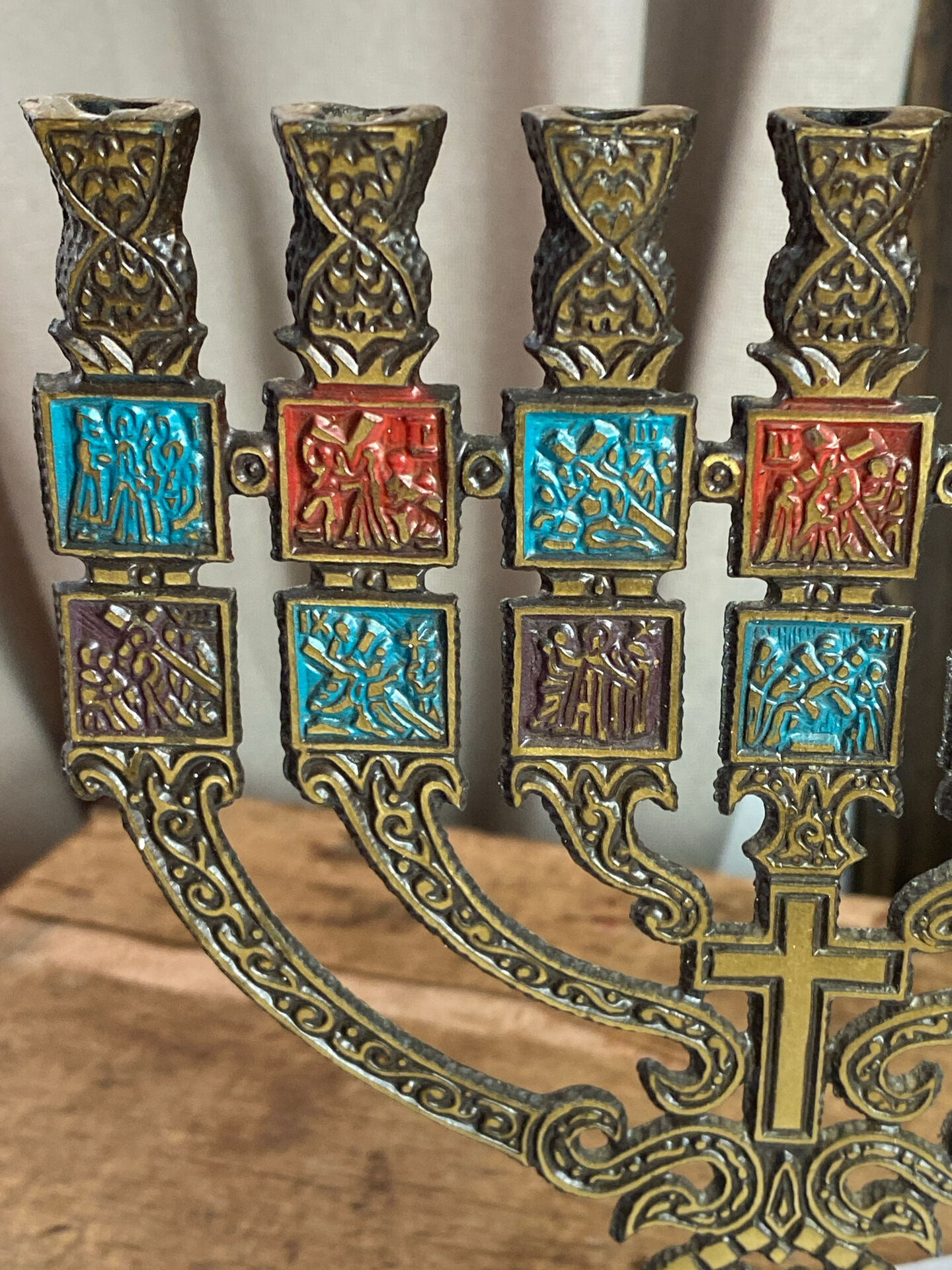 Seven-branched candelabrum, Judeo-Christian, brass and enamel