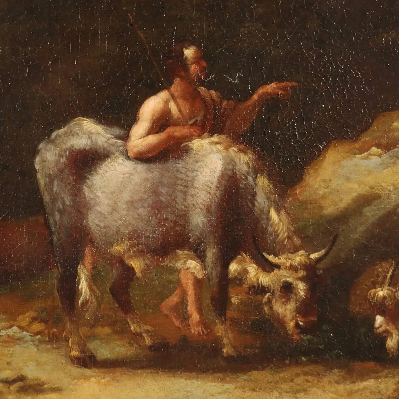 Landscape painting with figures and herds, oil on canvas, 18th century.