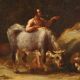 Landscape painting with figures and herds, oil on canvas, 18th century.
