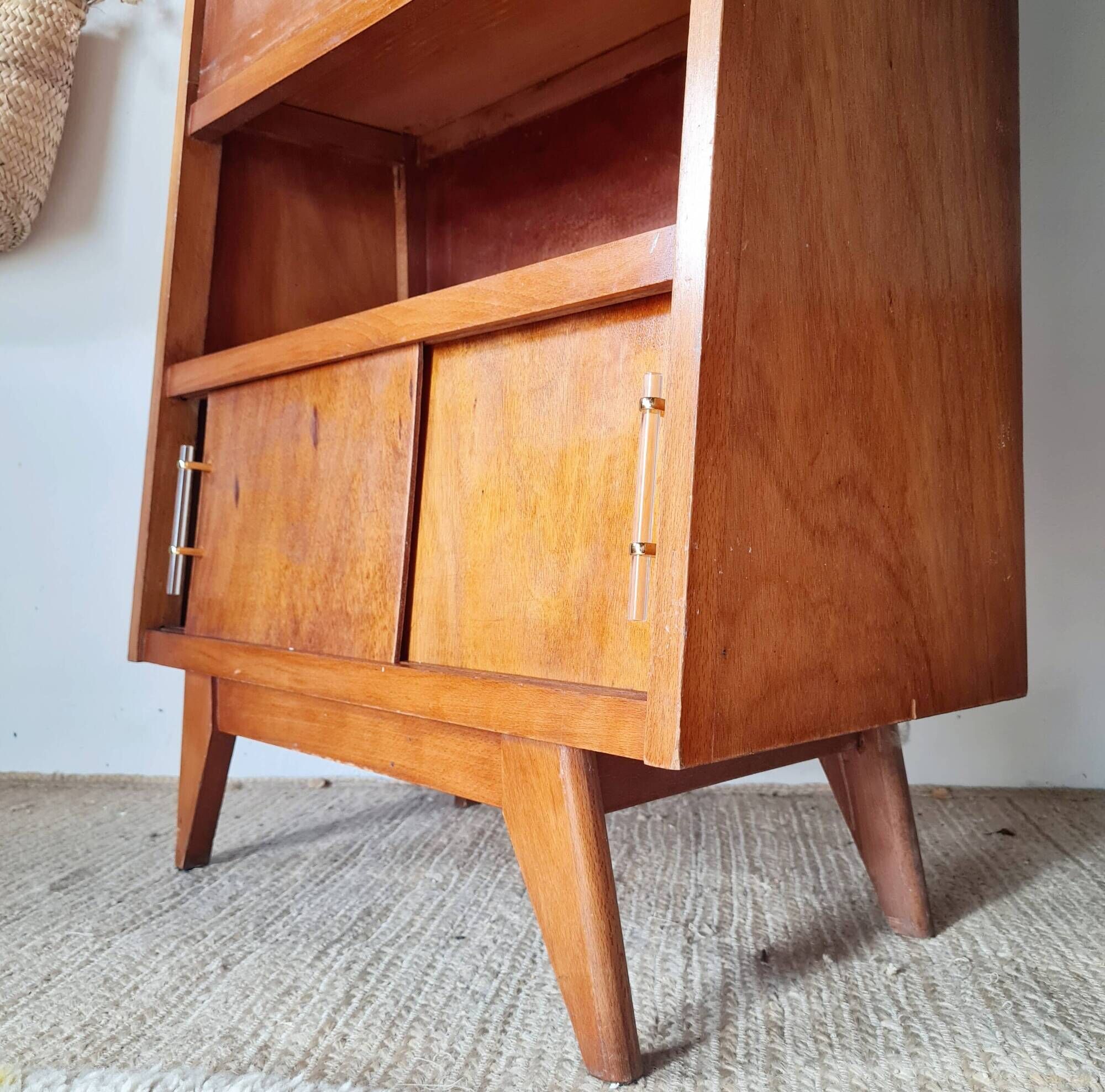 Vintage 1950s wooden secretary with tapered legs and mint interior.