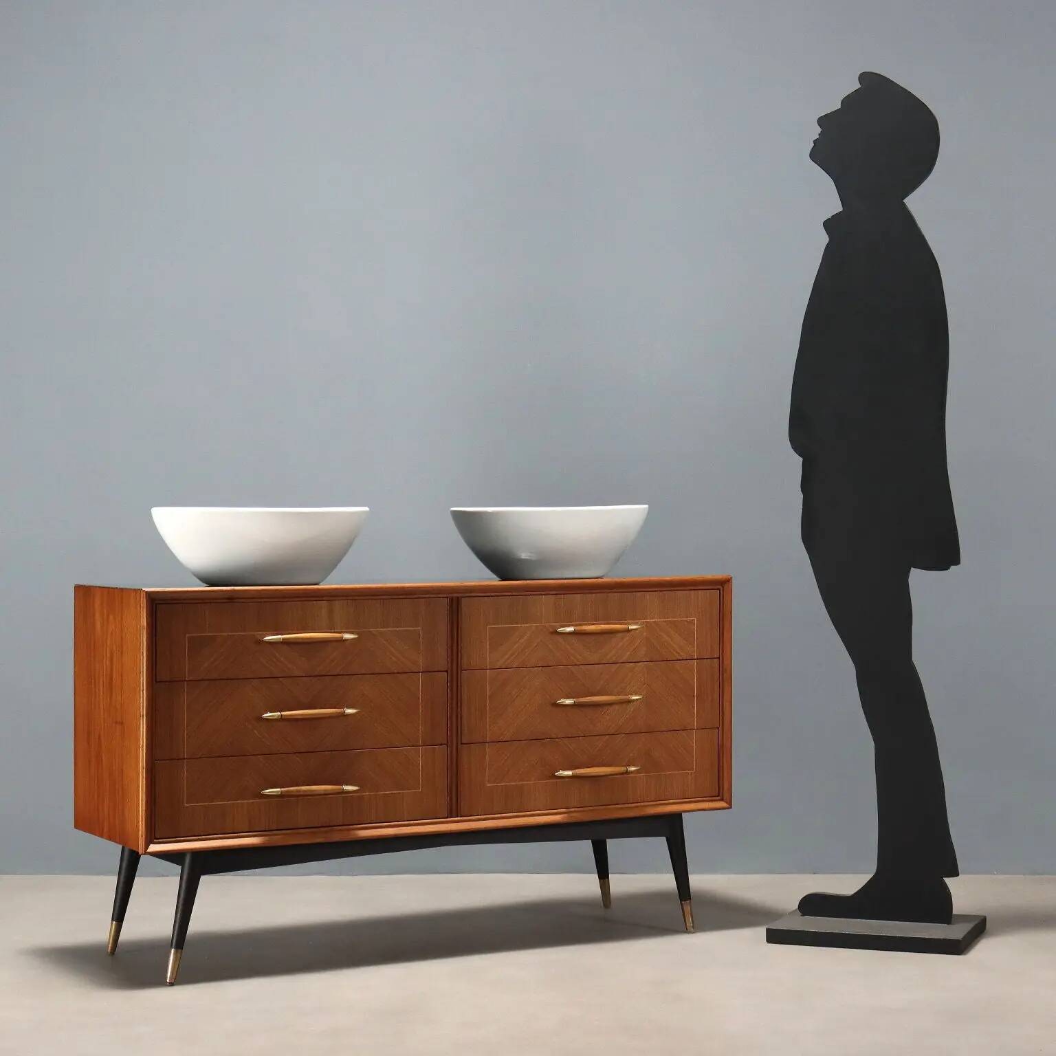 Vintage mahogany veneered commode with basins, 1960s design.