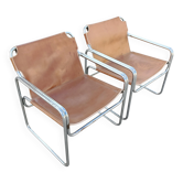 Pair of tubular lounge chairs in Bauhaus style, leather, Jox Interni, 1970s.