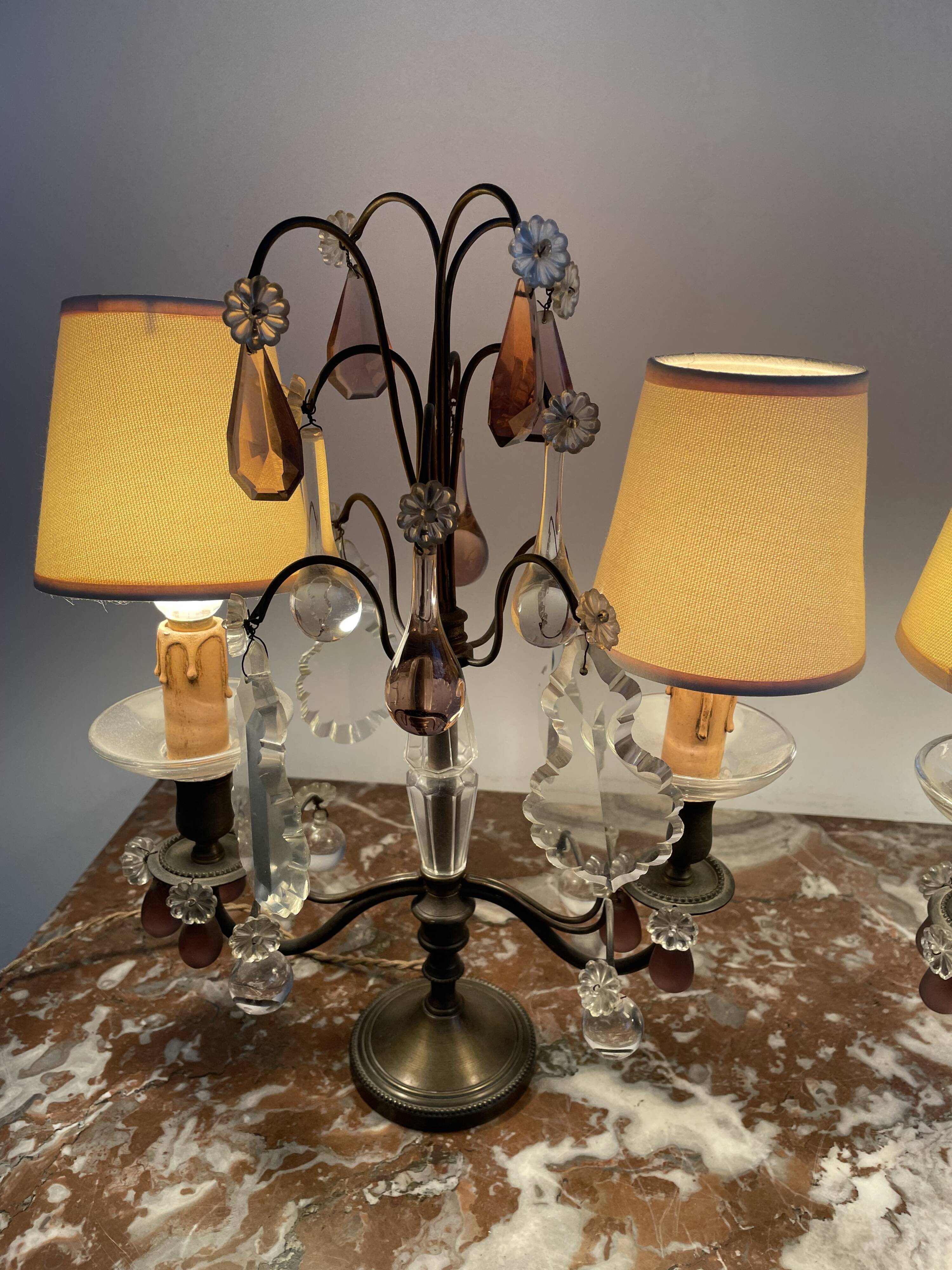 pair of chandeliers, lamp, silver-plated metal, crystal, tassels, florets, pendant, rosettes