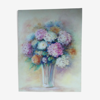 Pastel bouquet fleurs still life signé