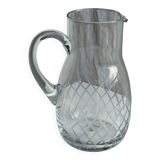 Glass carafe with handle with etched geometric grid pattern