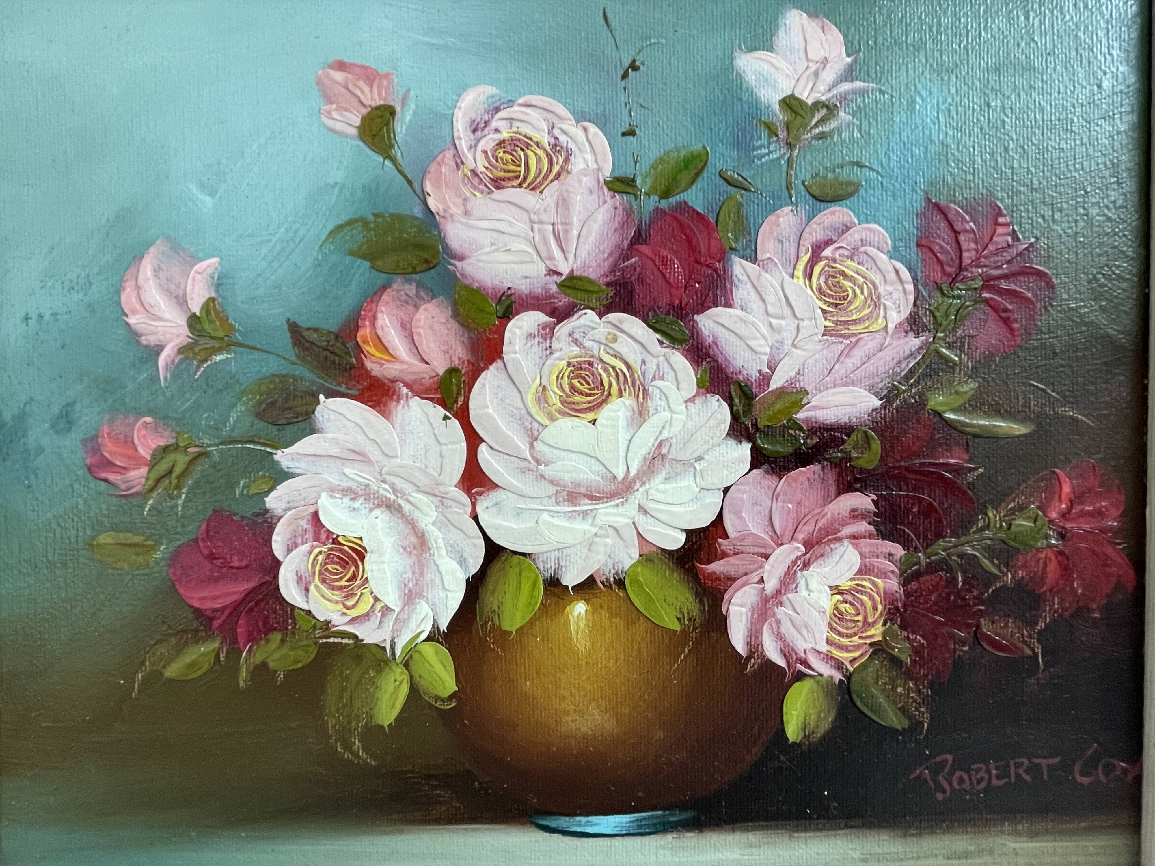 Pair of oils on canvas signed by Robert Cox, floral still lifes.