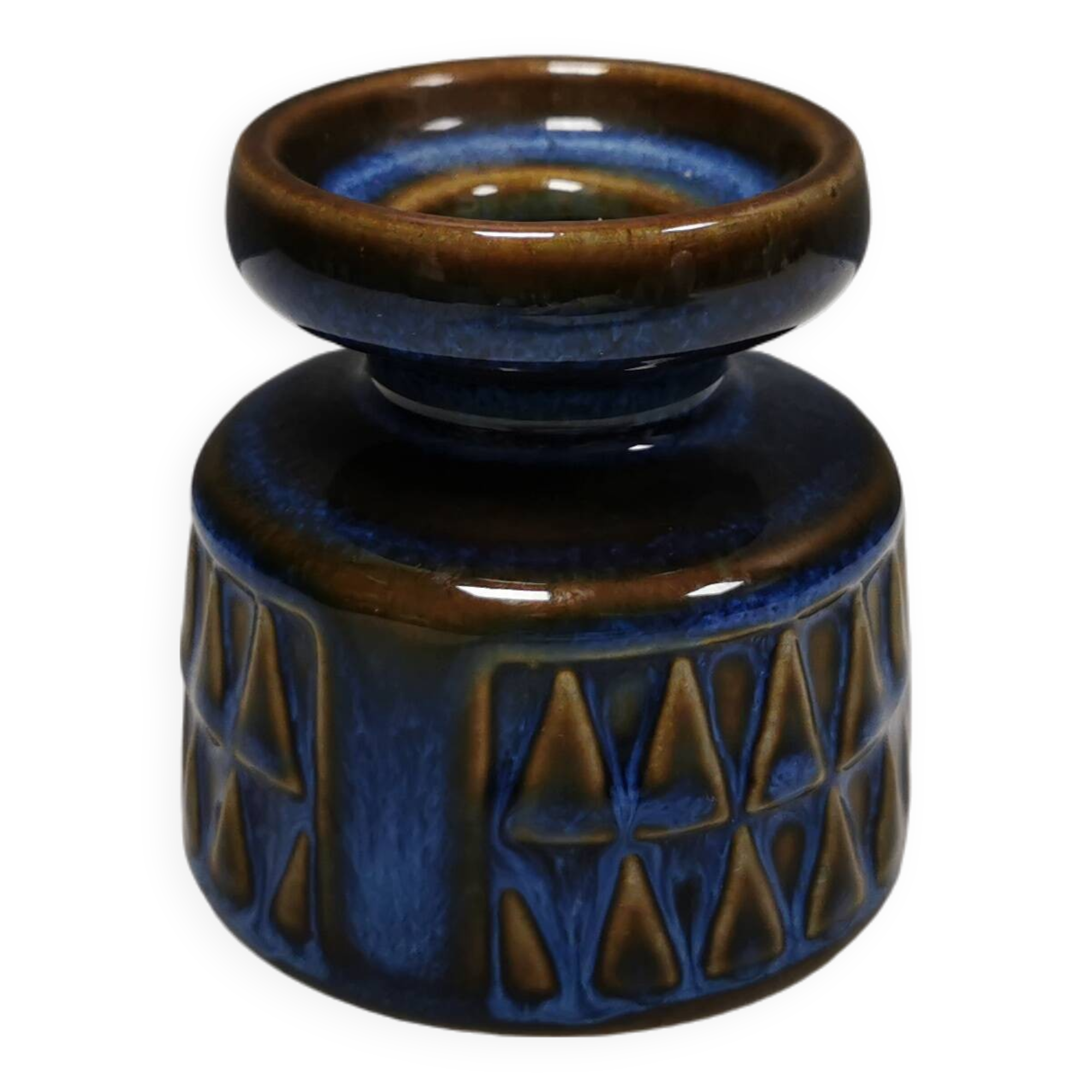 Small candle holder in blue glaze from Danish Søholm 1970s.