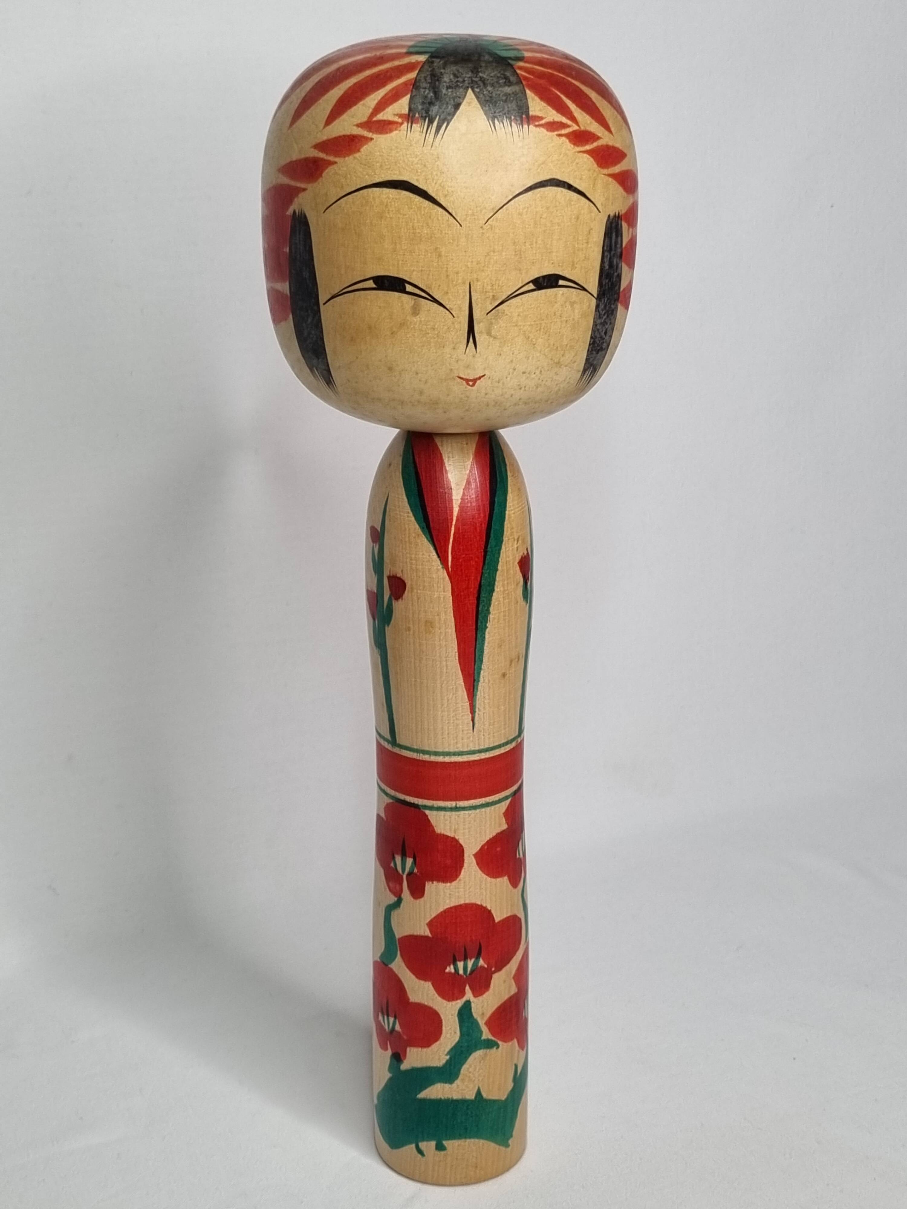 Vintage Japanese Kokeshi doll dated 1987, signed and numbered, floral decoration, 36 cm