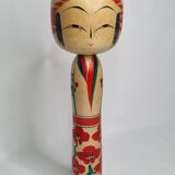 Vintage Japanese Kokeshi doll dated 1987, signed and numbered, floral decoration, 36 cm
