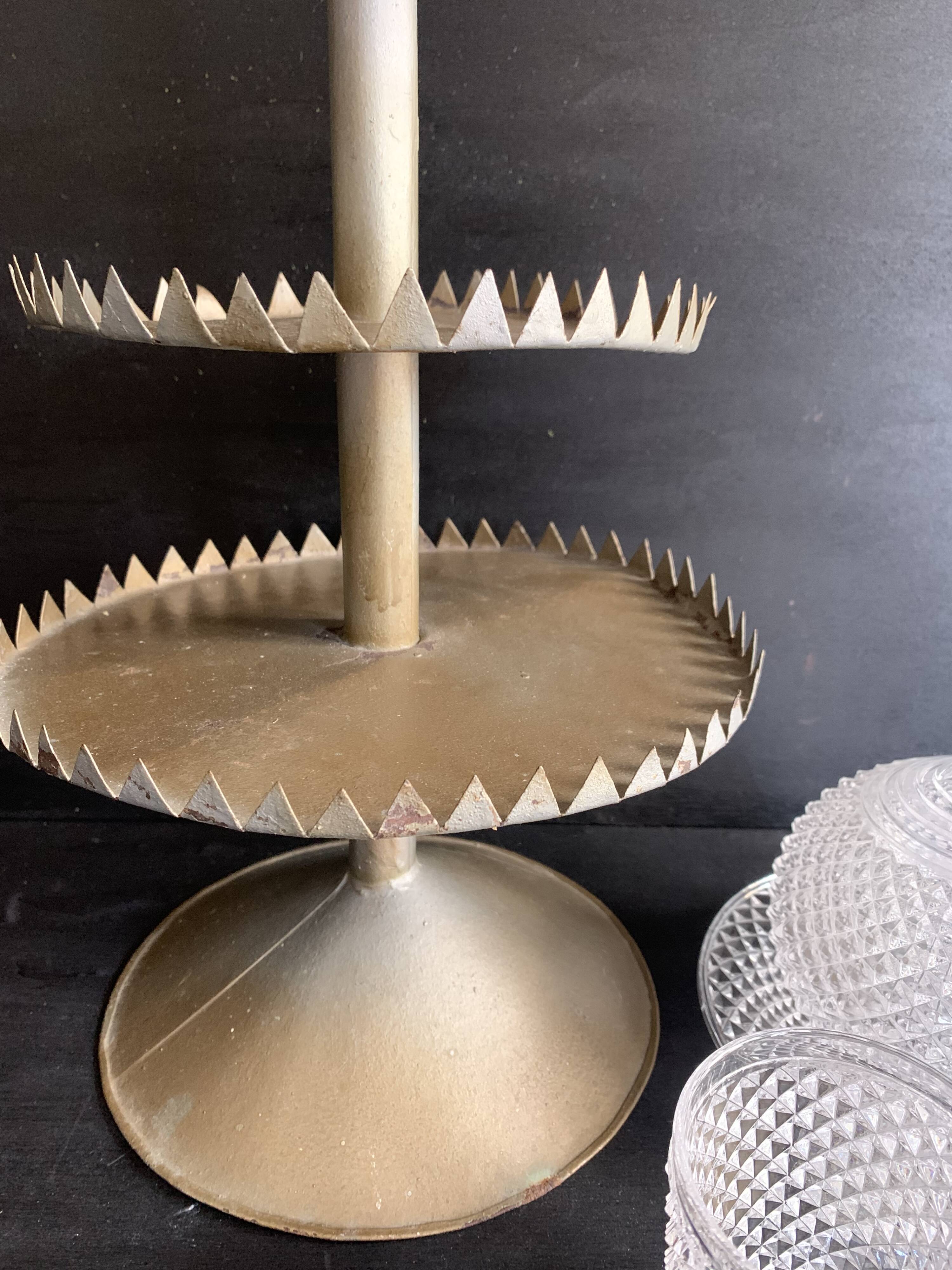 Large handmade sheet metal tiered display stand, 19th century