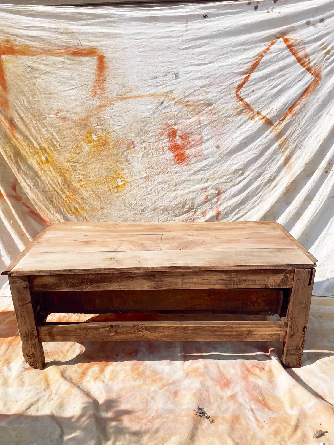 Vintage and rustic TV stand or coffee table in carved raw wood