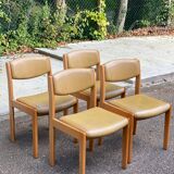 4 Baumann Scandinavian chairs, solid wood and beige leather, 1960