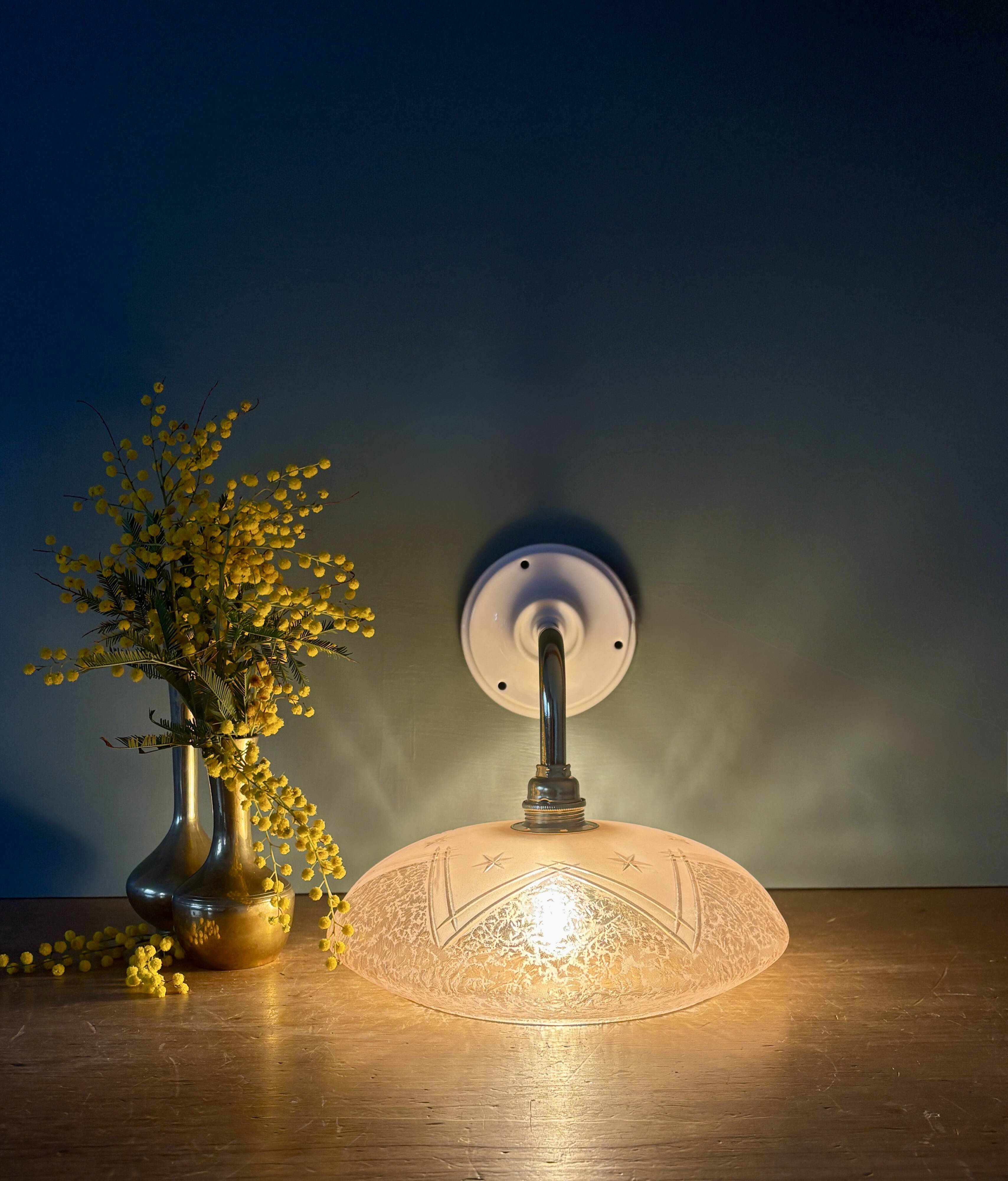 Vintage pink frosted glass wall lamp with elbow arm