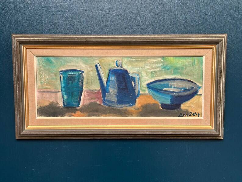 Large Original Swedish Oil on Panel – “Kettle Bowl and Glass” by Louis Zelig – Signed – Vintage & Framed – 40 × 80 cm (15.7" × 31.5")