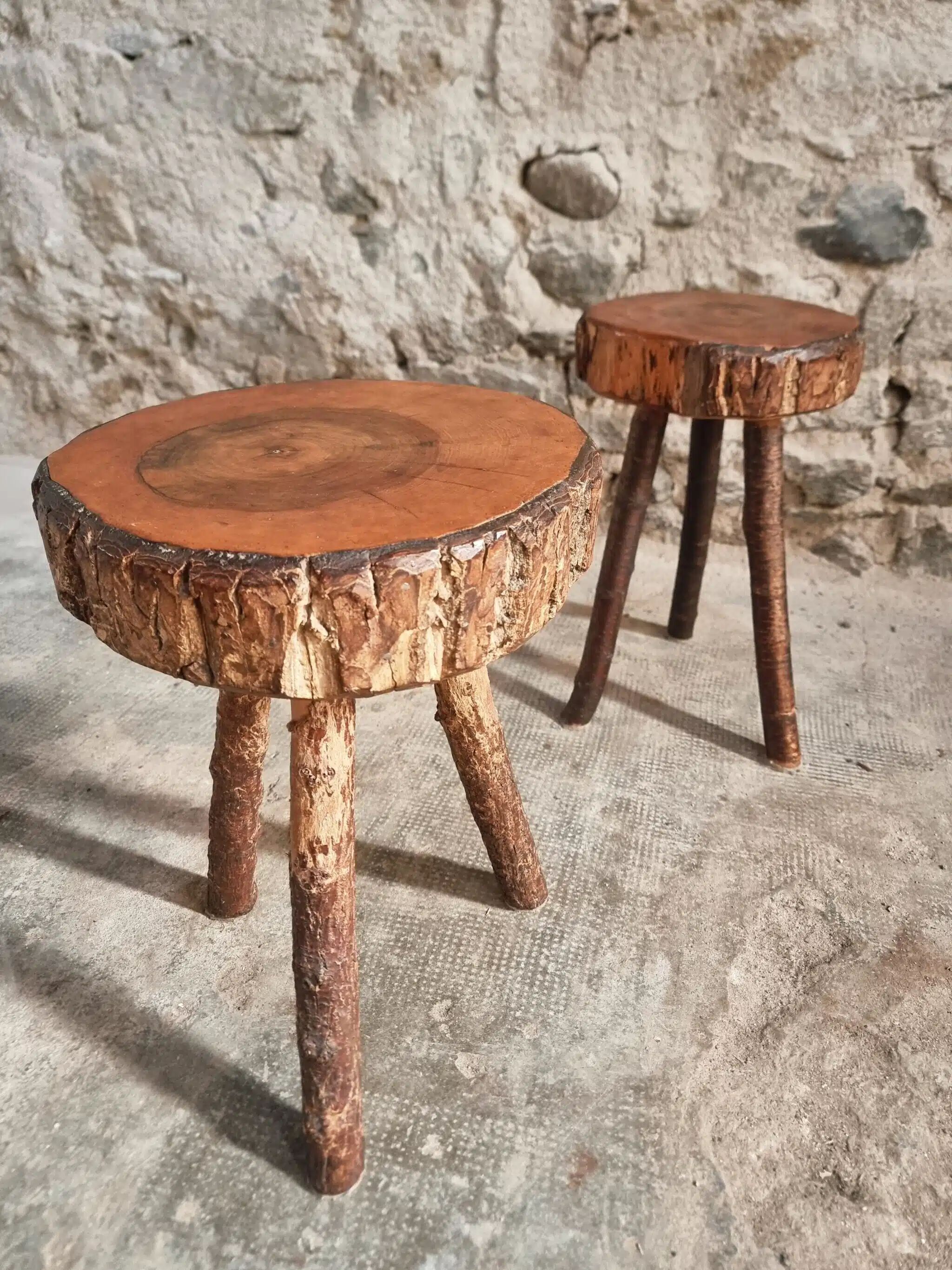 Vintage wooden tripod stools, set of 2, France 1960s