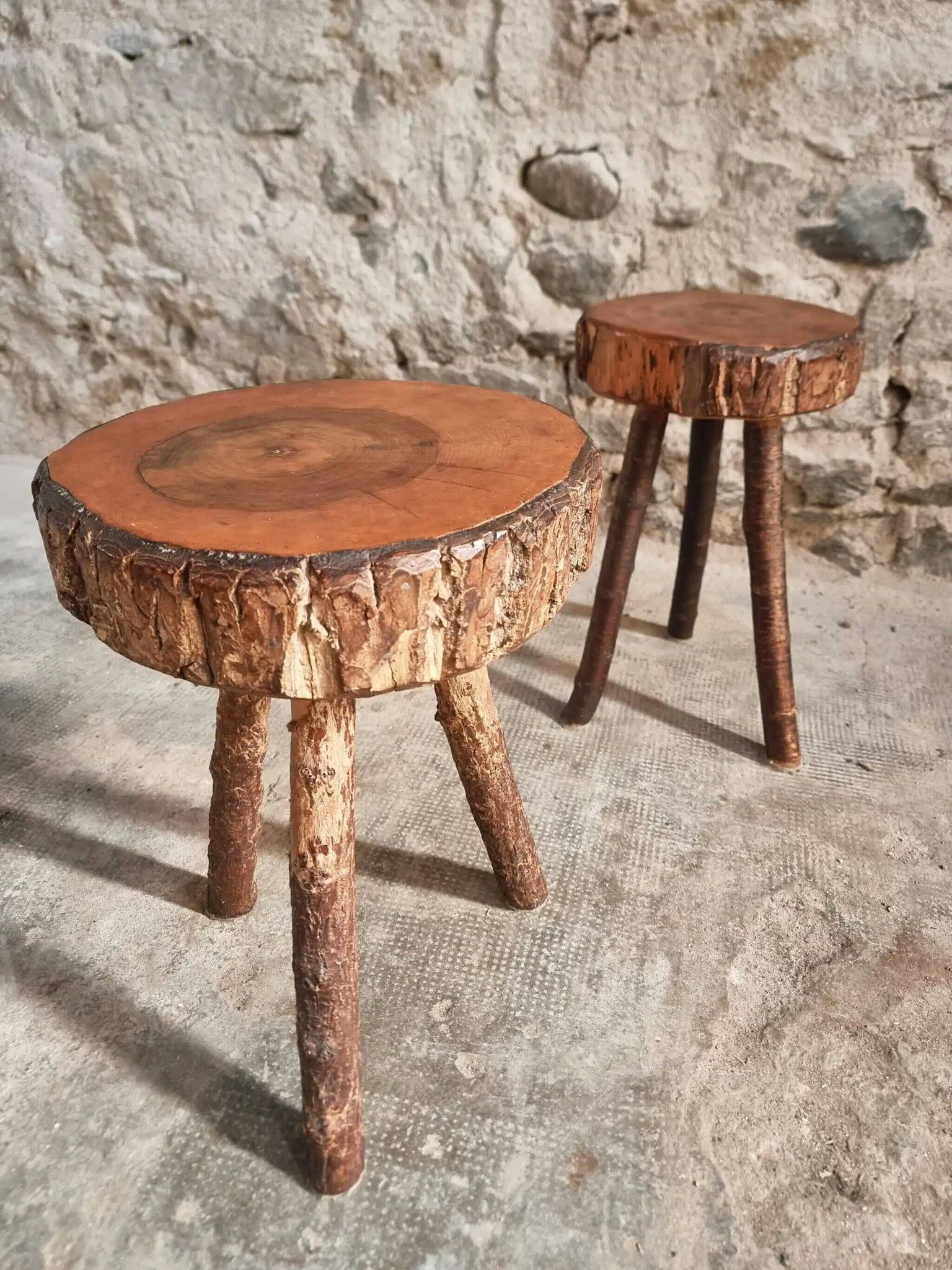 Vintage wooden tripod stools, set of 2, France 1960s