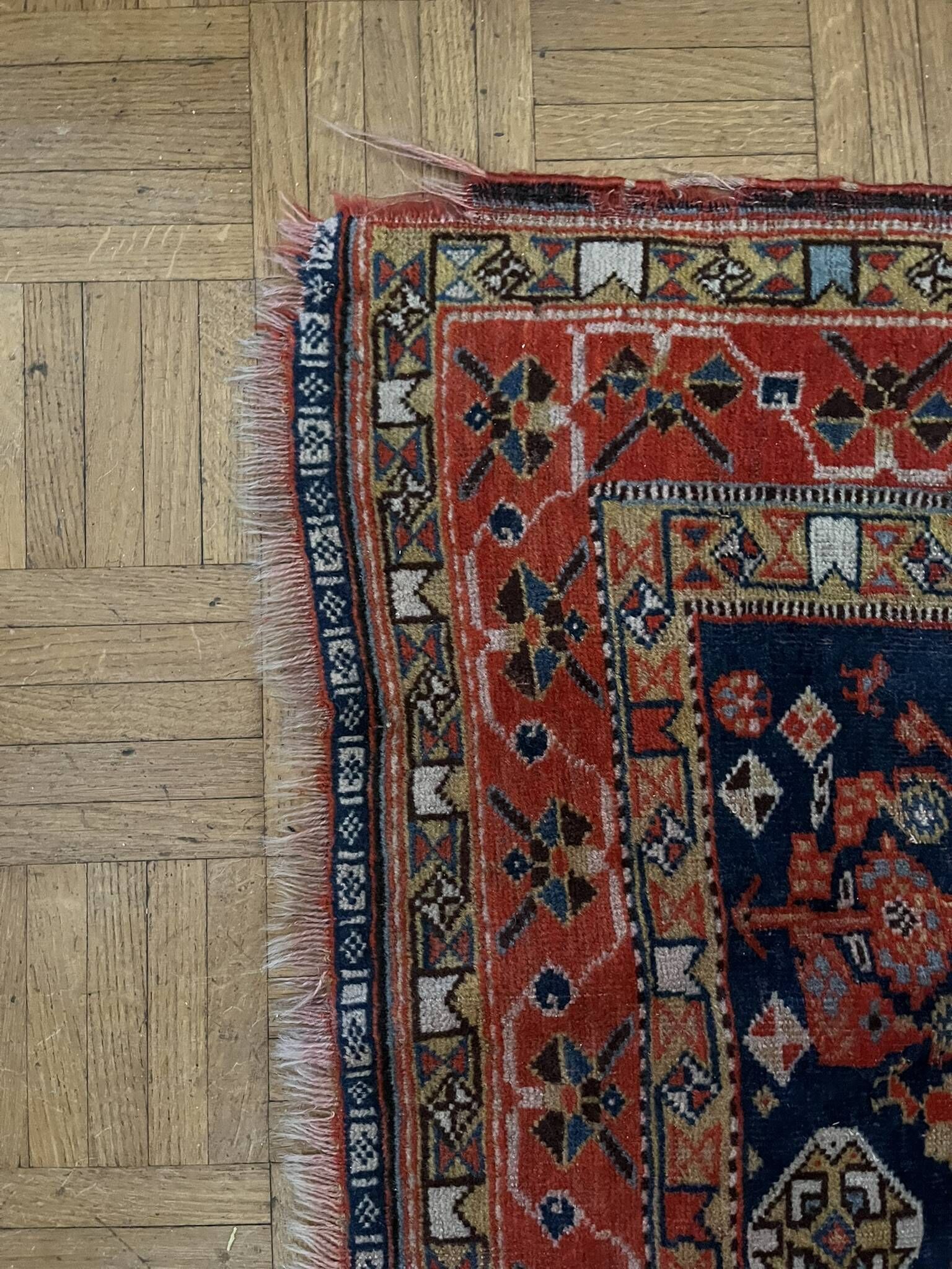 Antique handmade Persian Qashqai nomadic rug – blue background 94x112cm