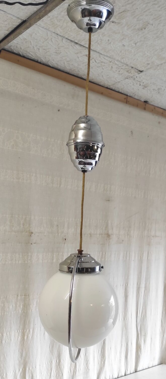 Art Deco suspension in chrome metal and opaline globe - mid 20th century
