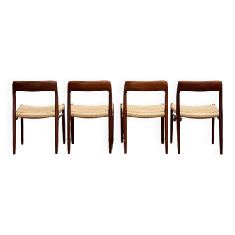 4 chaises de salle à manger Mid Century par Niels O. Møller pour J.L. Moller, modèle 75, en teck avec siège en papier