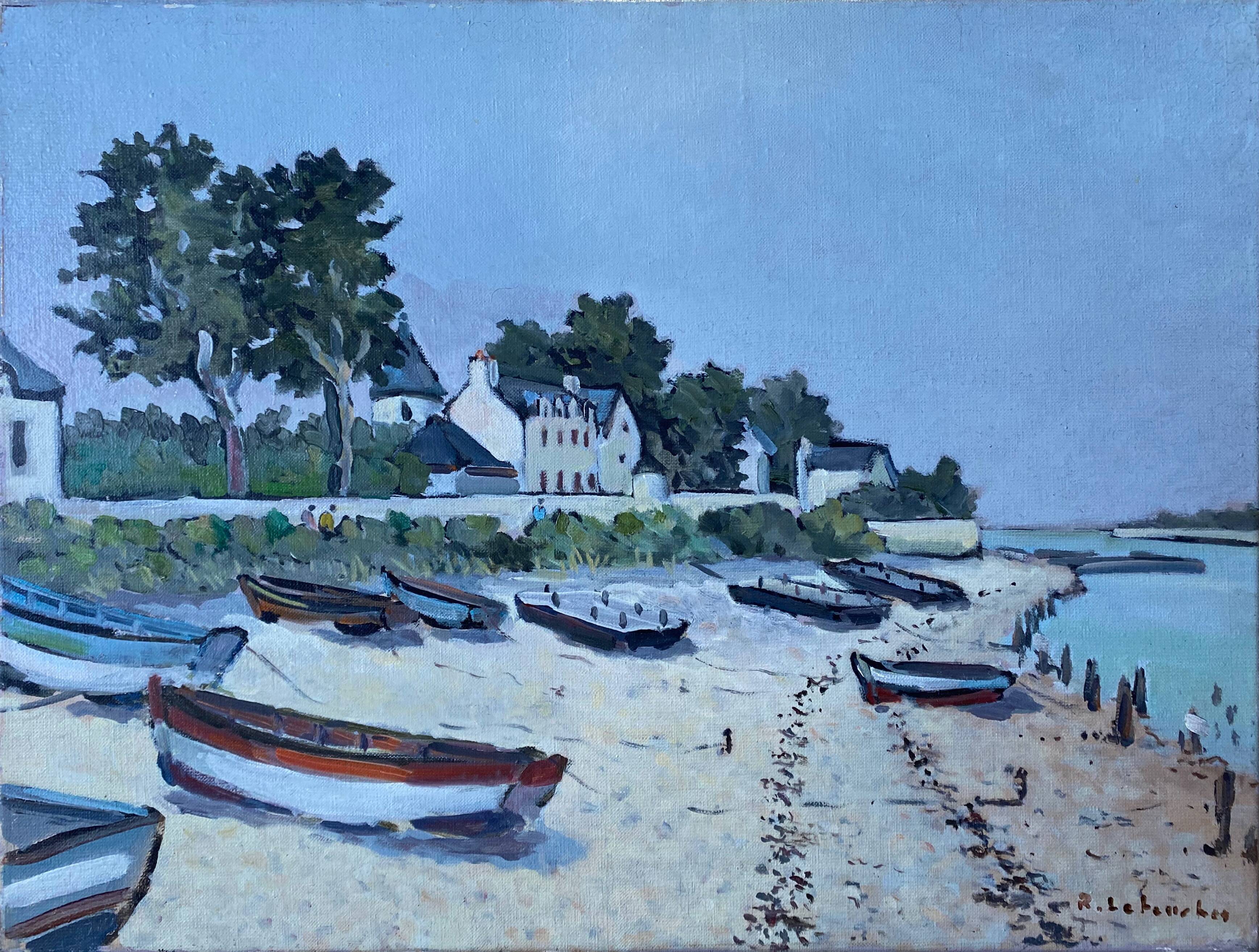 Hst painting "beach with boats" marine normandy brittany by robert leboucher