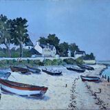Hst painting "beach with boats" marine normandy brittany by robert leboucher