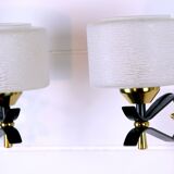 Paire d'applique double, Mid-Century, noir laiton Opaline, France 1950's