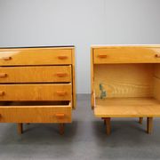 1960s František Mezulaník Mid-Century Maple Nightstands with Black and White Glass