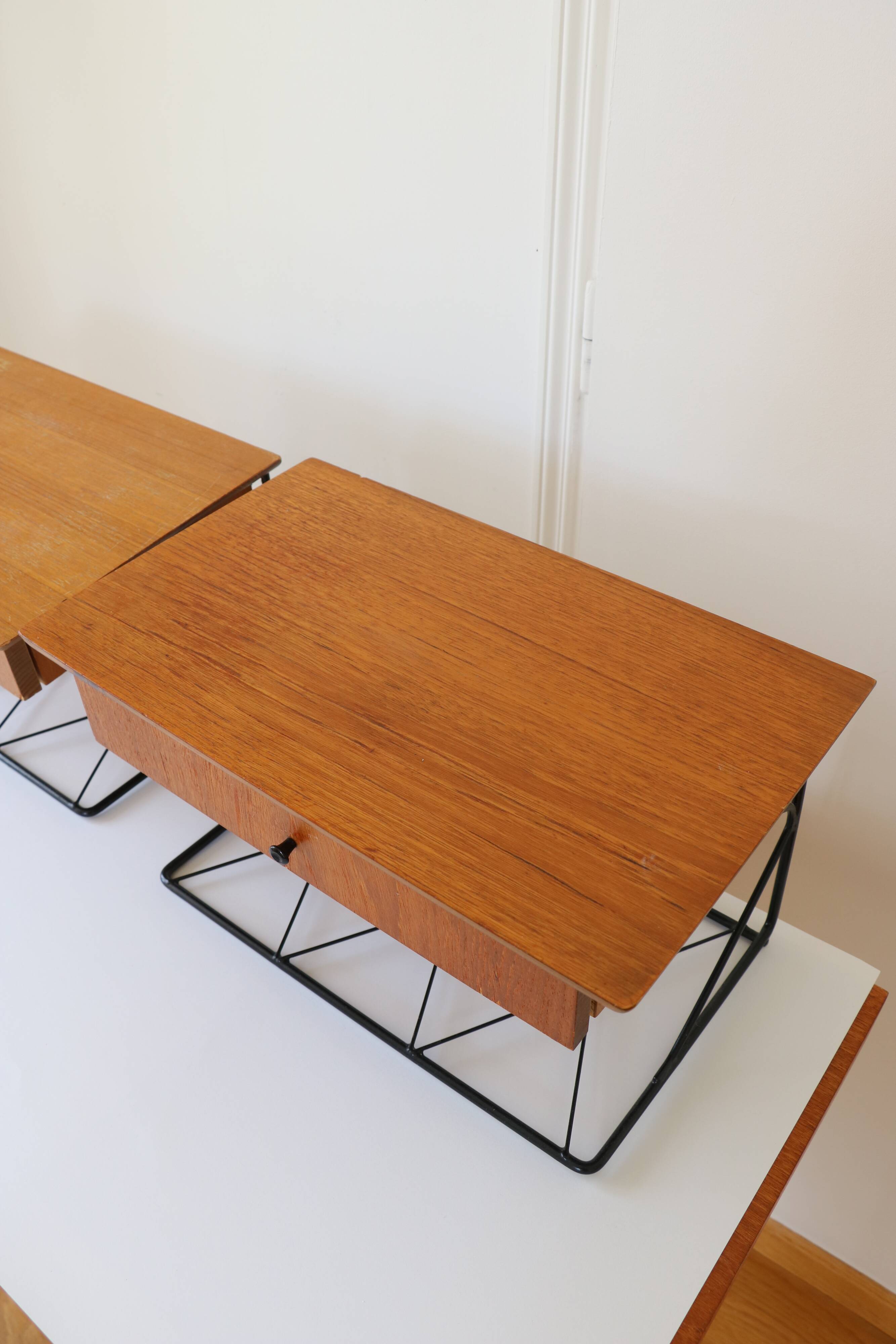 Pair of "string" wall-mounted bedside tables, Scandinavian, 1960.