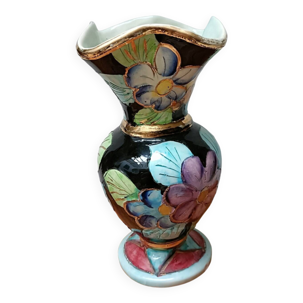 Vase Vallauris fleurs sur fond noir - Bon état sur Selency