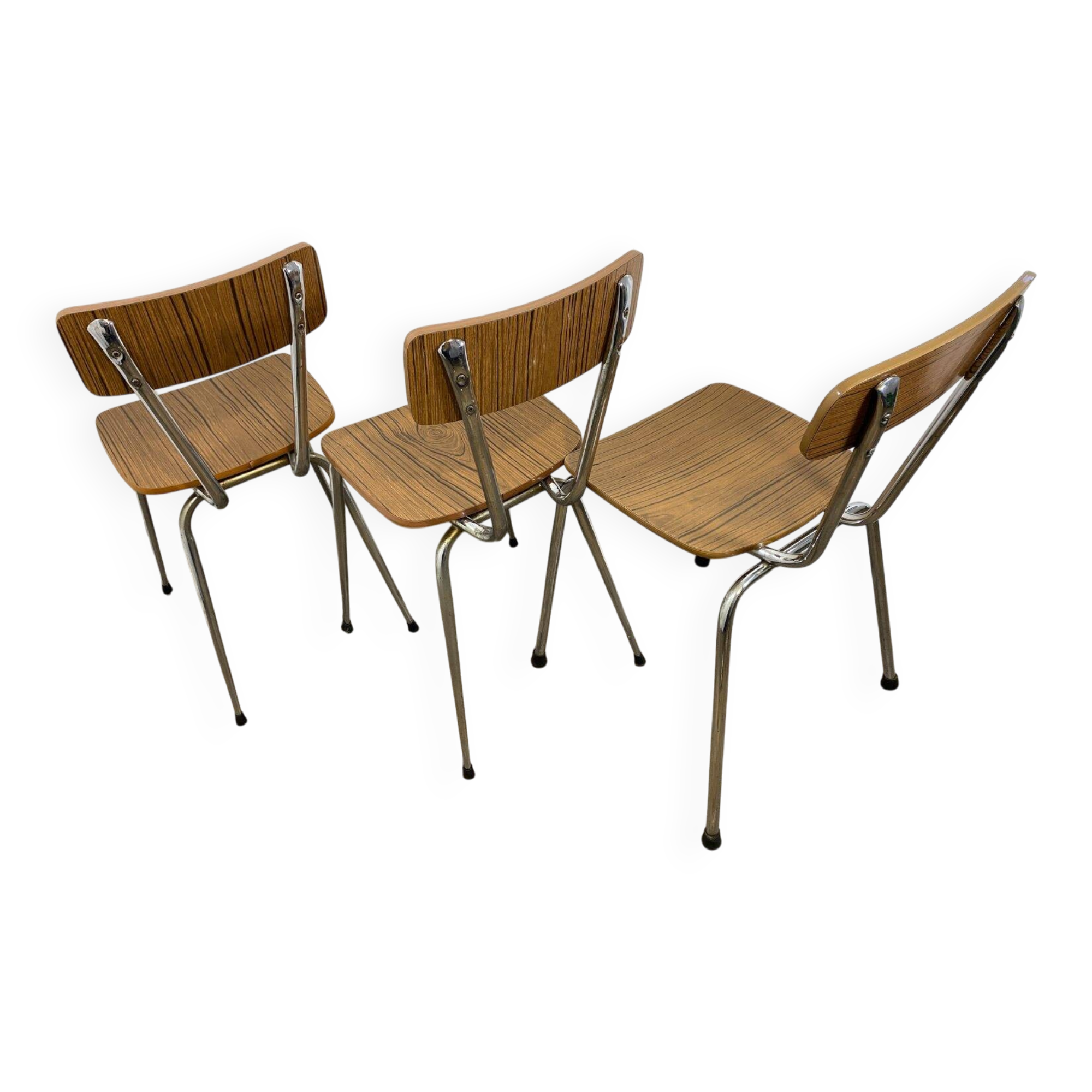 Set of 3 vintage French kitchen chairs, formica & chrome, 1960s-70s