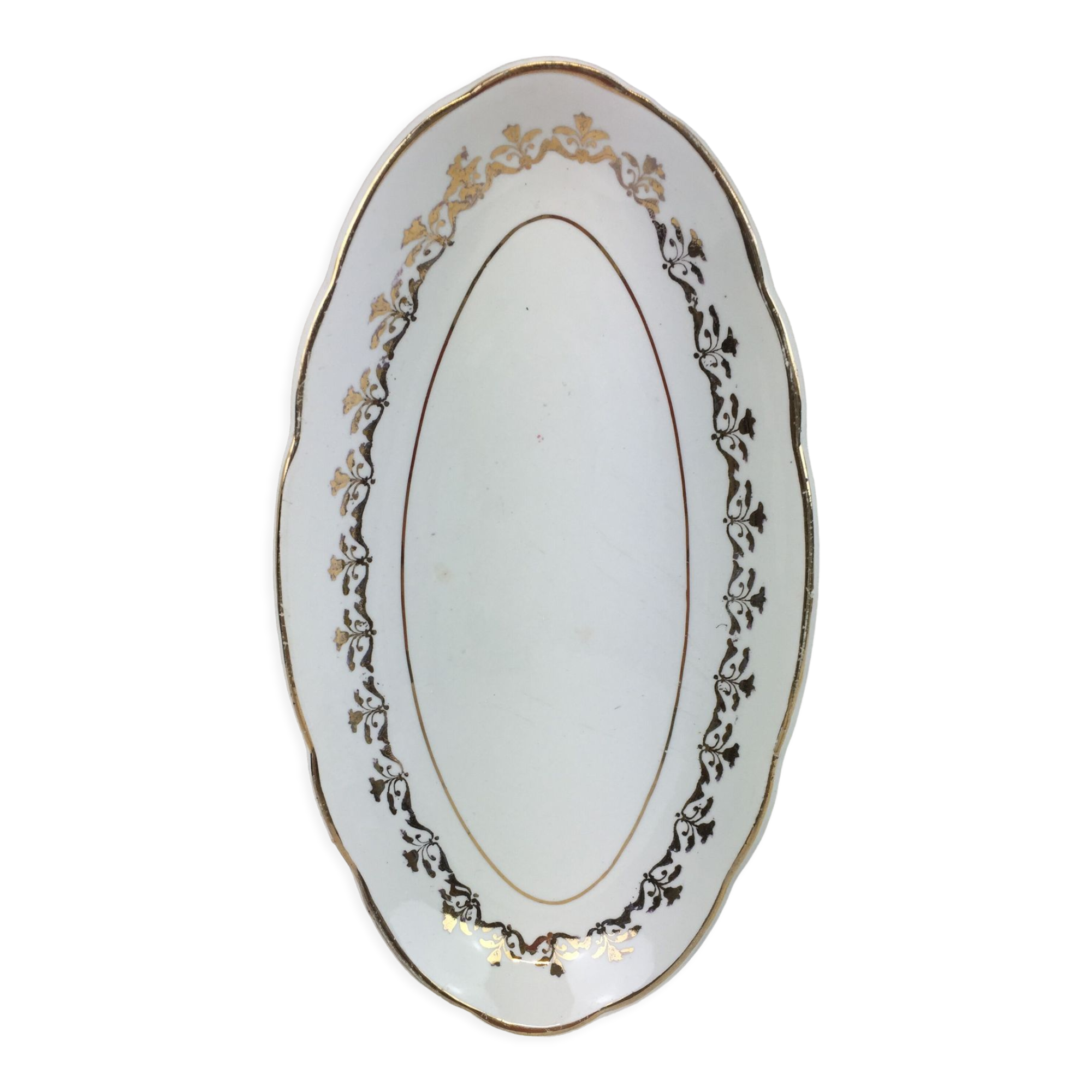 Antique oval shaped white and gold dish made in France Sarreguemines