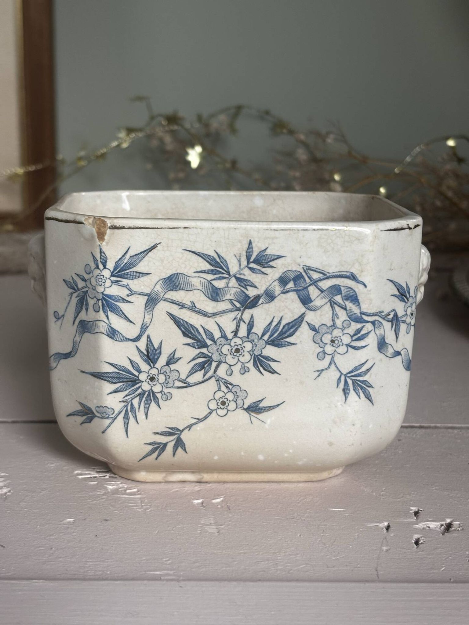 Old faience sugar bowl base with a patinated blue floral pattern from Digoin.