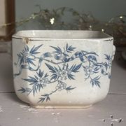 Old faience sugar bowl base with a patinated blue floral pattern from Digoin.