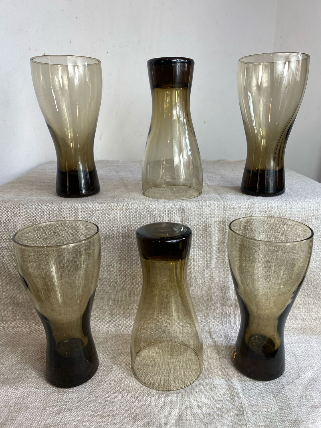Six smoky glass soda glasses, Luminarc, 1970s.