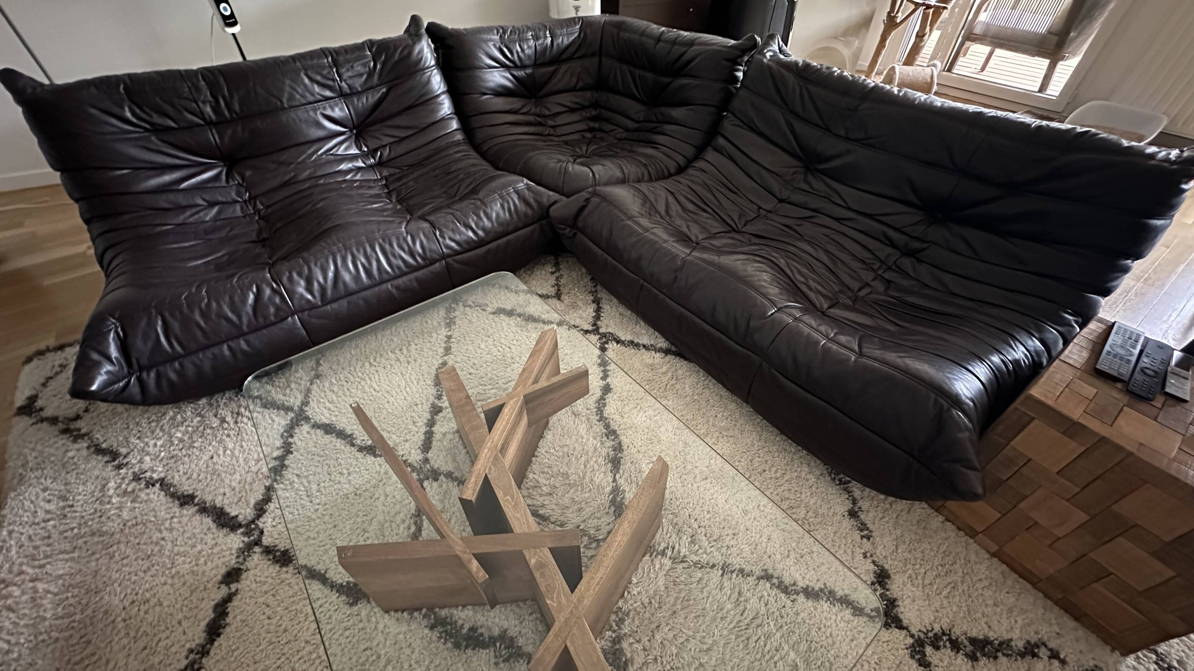Togo corner sofa in Indiana Ink leather (2 two-seater benches and 1 corner piece)
