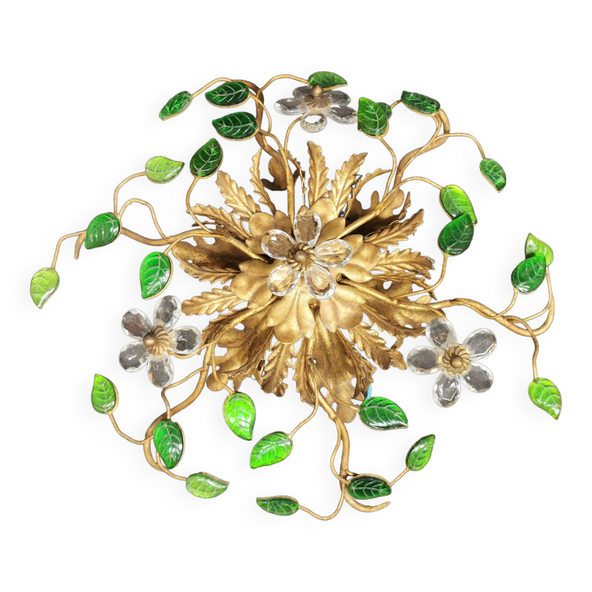 Vintage 70's ceiling light / wall lamp, gold metal leaves and glass flowers
