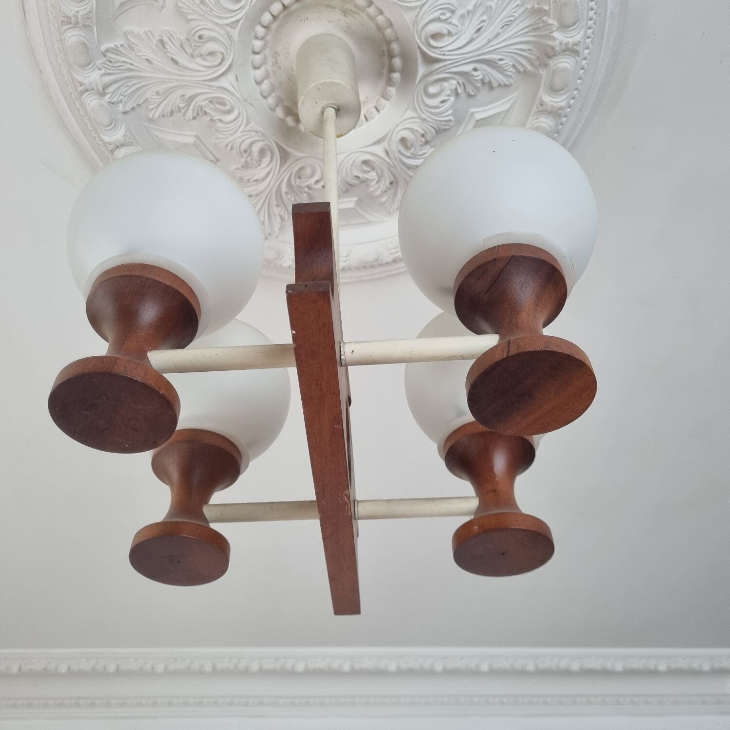 1960s Scandinavian chandelier, teak and white opaline.